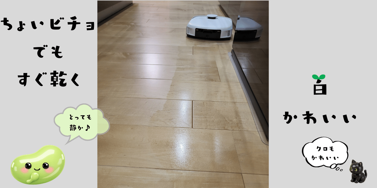 水拭き後の艶が出た床と白いロボット掃除機アンちゃん