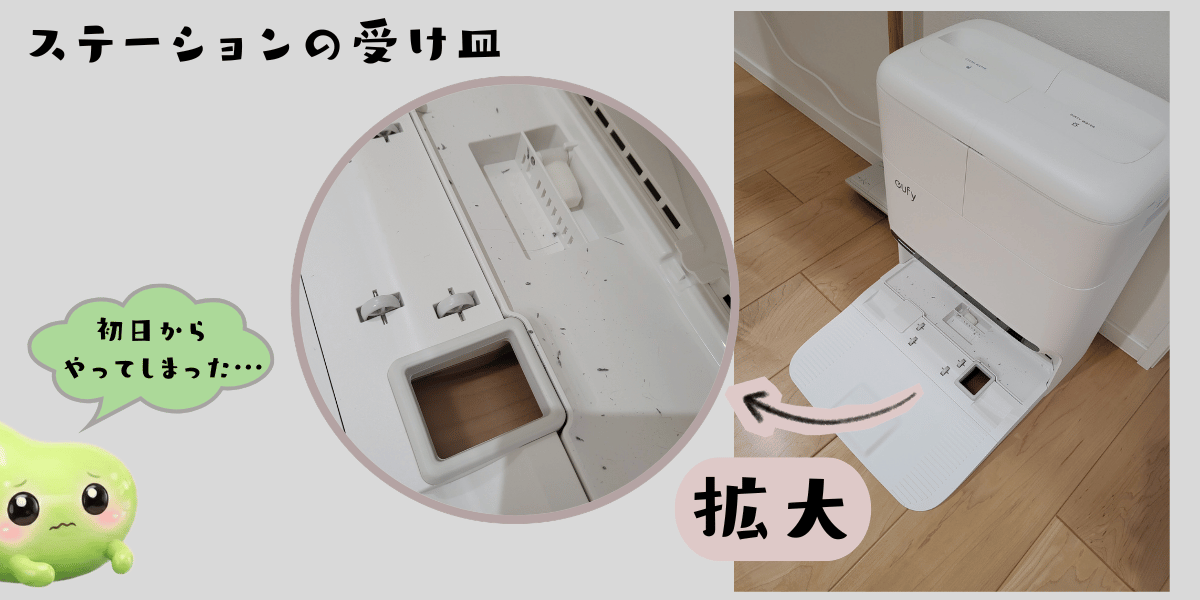 初日からホコリだらけになったステーションの受け皿