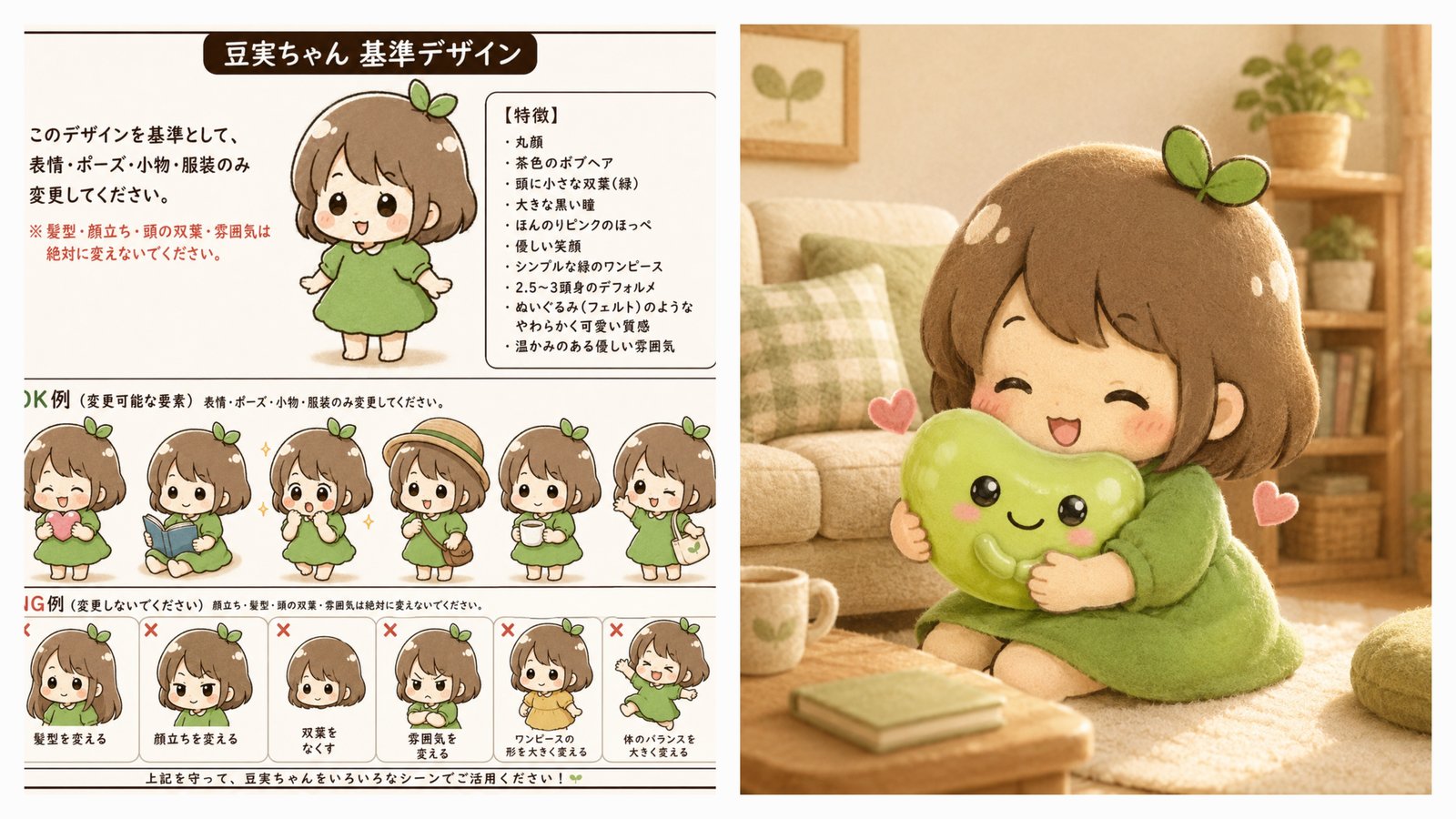 豆実ちゃんの基準デザインシートと質感見本を並べた画像